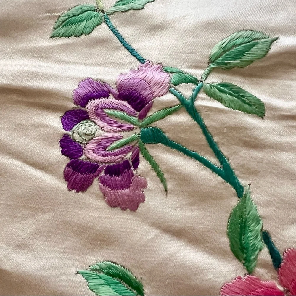 Marked Antique Chinese Silk‎ Hand Embroidery Textile Panel Flowers & Butterfly